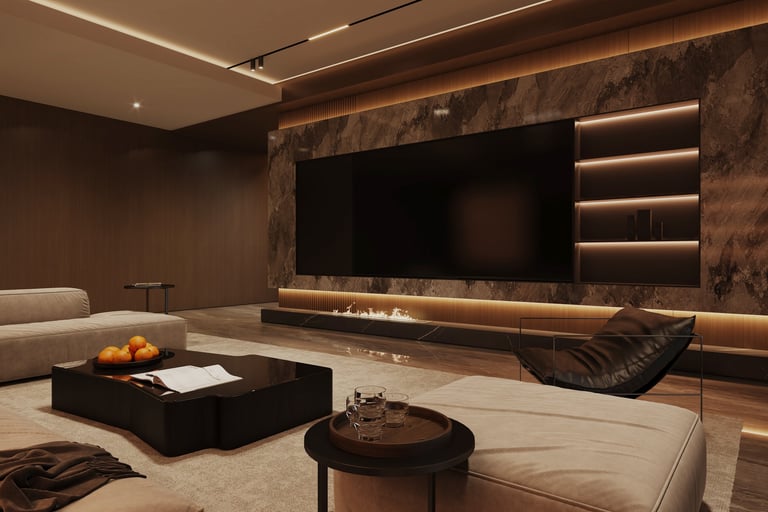 Luxurious living room feature wall with TV and modern fireplace