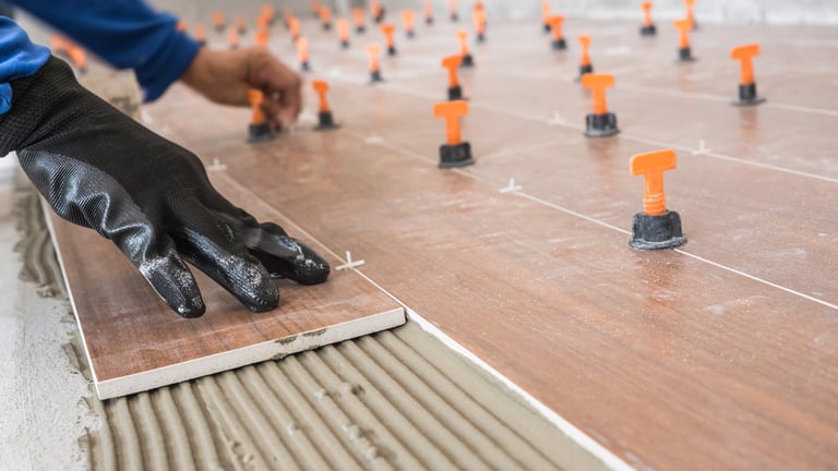Ceramic tile floor work in progress
