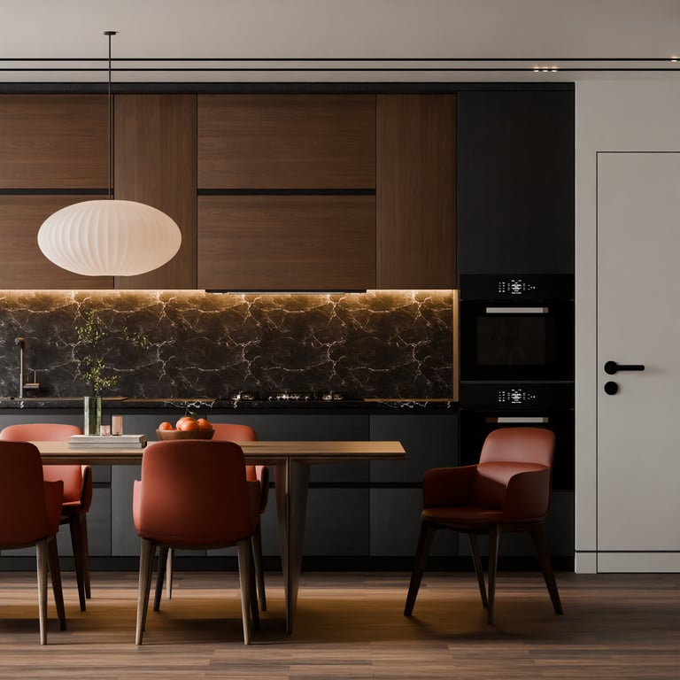 Contemporary kitchen with dark wood cabinetry