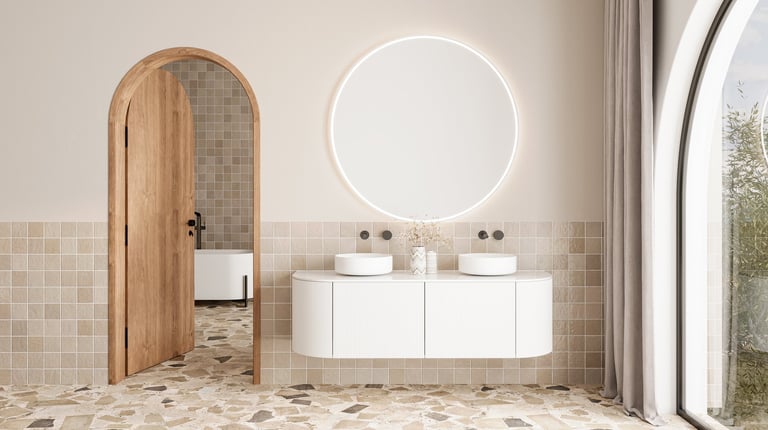 Minimalist bathroom with terrazzo flooring