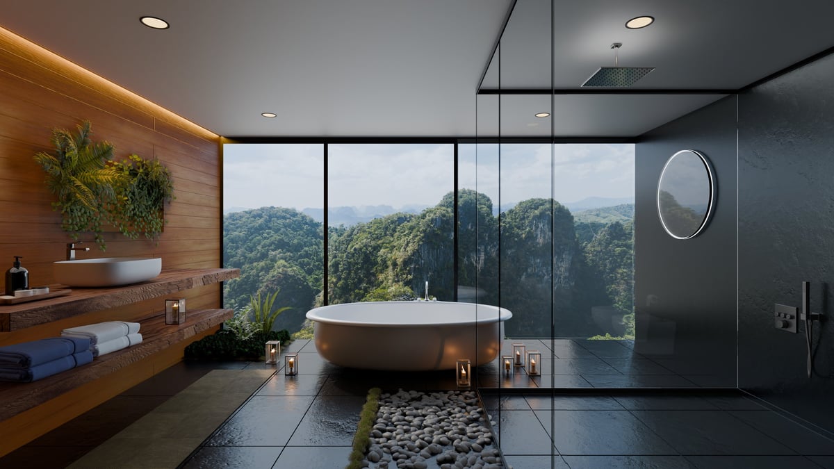 Luxury spa bathroom with mountain views