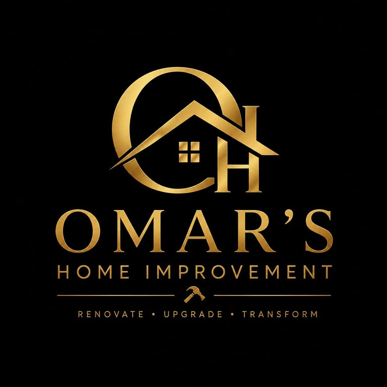 Omars Home Improvement logo featuring a gold house icon with circle design and tagline Renovate Upgrade Transform on black background